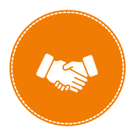 Icon Dienstleistungen im In- und Ausland Orange runder Hintergrund mit zwei Händen-Icon in Weiß zur Darstellung von Dienstleistungen im In- und Ausland