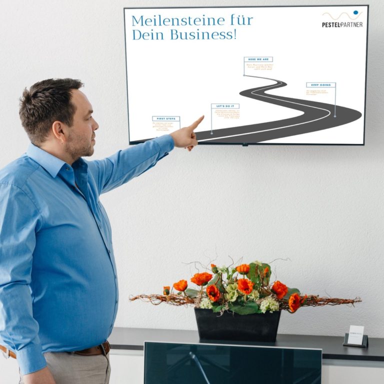 Existenzberatung Norman Pestel zeigt auf ein Diagramm zur Geschäftsstrategie auf einem Bildschirm.