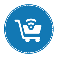 Icon E.Commerce im In- und Ausland Blauer runder Hintergrund mit Einkaufswagen-Icon in Weiß zur Darstellung von E-Commerce im In- und Ausland