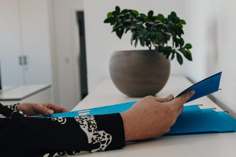 Ertragssteuer Eine Hand hält eine blaue Mandantenakte für die Ertragssteuer neben einem Topf mit einer Pflanze auf einer Ablage.